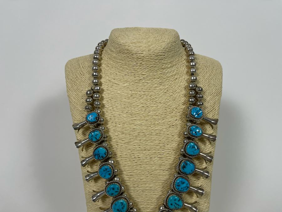 Vintage Native American Squash Blossom Necklace Sterling Silver Turquoise Signed LK Lucian Koinva Hopi 198.3g [Photo 8]