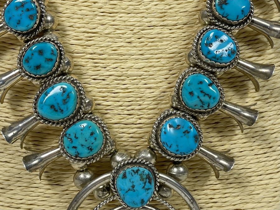 Vintage Native American Squash Blossom Necklace Sterling Silver Turquoise Signed LK Lucian Koinva Hopi 198.3g [Photo 7]