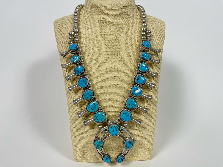 Vintage Native American Squash Blossom Necklace Sterling Silver Turquoise Signed LK Lucian Koinva Hopi 198.3g [Photo 4]
