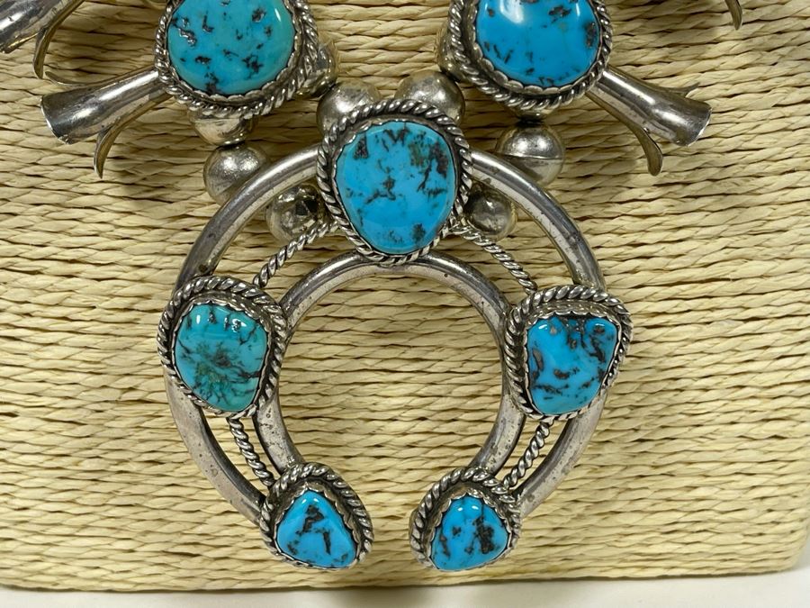 Vintage Native American Squash Blossom Necklace Sterling Silver Turquoise Signed LK Lucian Koinva Hopi 198.3g [Photo 6]