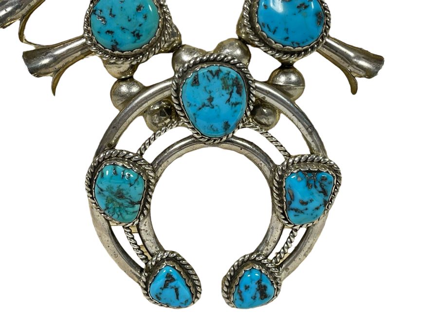 Vintage Native American Squash Blossom Necklace Sterling Silver Turquoise Signed LK Lucian Koinva Hopi 198.3g [Photo 2]