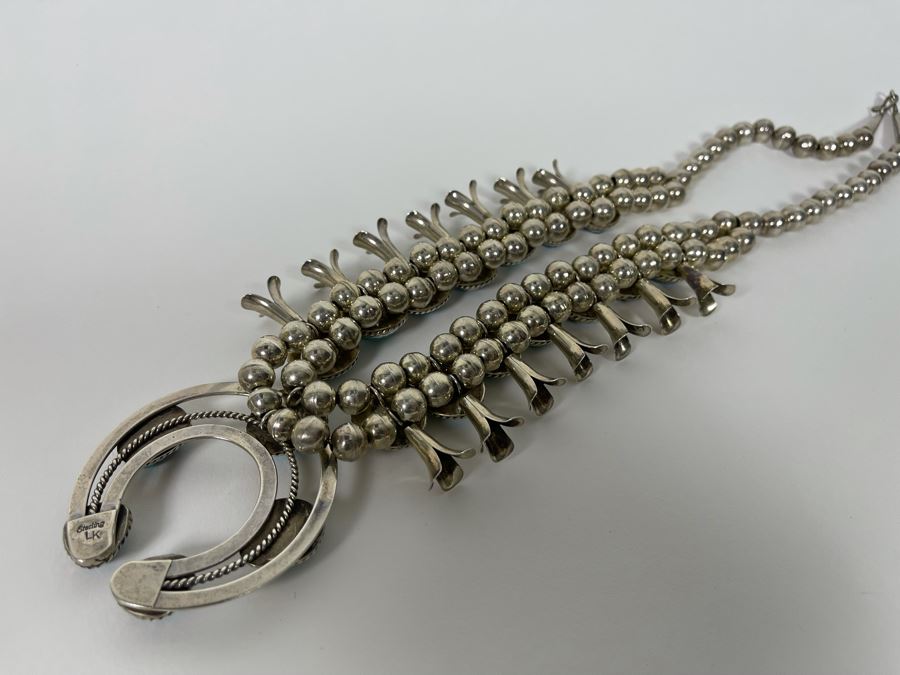 Vintage Native American Squash Blossom Necklace Sterling Silver Turquoise Signed LK Lucian Koinva Hopi 198.3g [Photo 13]