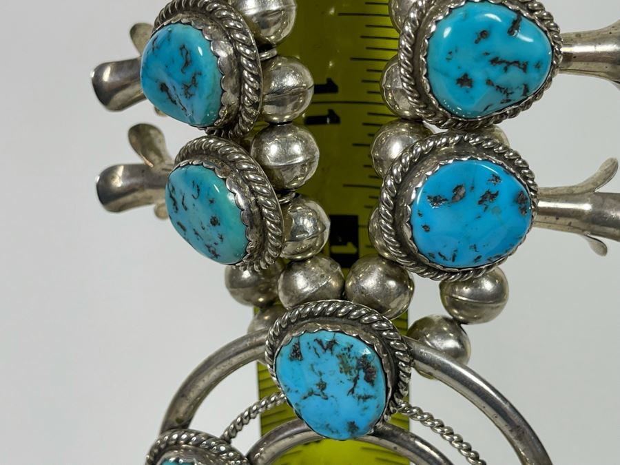 Vintage Native American Squash Blossom Necklace Sterling Silver Turquoise Signed LK Lucian Koinva Hopi 198.3g [Photo 14]