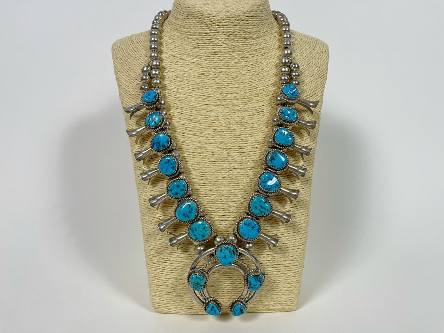 Vintage Native American Squash Blossom Necklace Sterling Silver Turquoise Signed LK Lucian Koinva Hopi 198.3g [Photo 5]