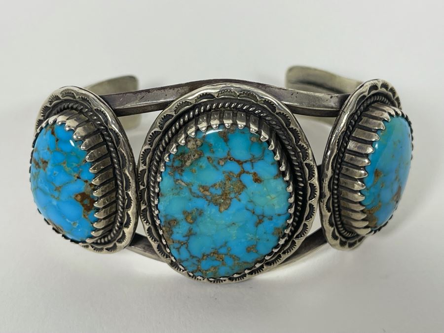 Vintage Redwater Native American Navajo Sterling Silver Turquoise Cuff Bracelet Window Rock AZ 2.5W 78.3g [Photo 4]