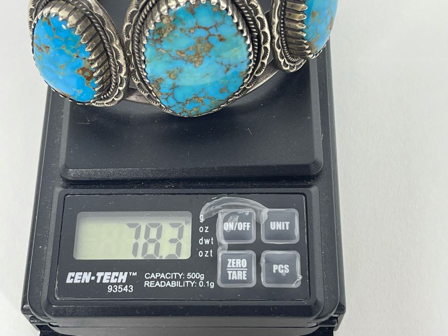 Detailed Vintage Native American Navajo Window Turquoise Sterling Silver Bracelet Detailed Vintage Native American Navajo Window Turquoise Sterling Silver Bracelet