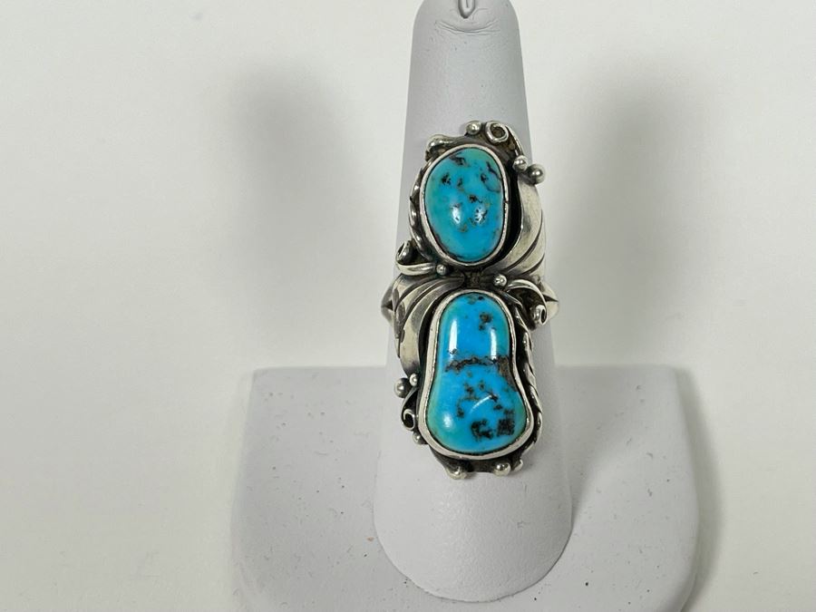 Vintage Native American Sterling Silver Turquoise Ring Signed JB Jerome Begay? Size 8.25  [Photo 2]
