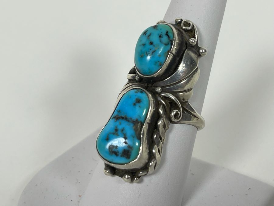 Vintage Native American Sterling Silver Turquoise Ring Signed JB Jerome Begay? Size 8.25  [Photo 6]