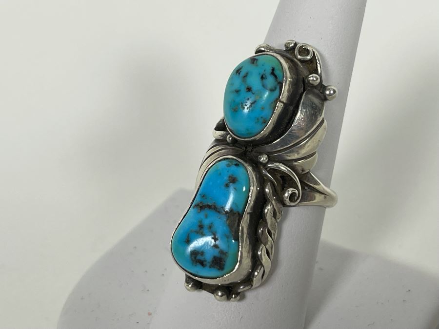 Vintage Native American Sterling Silver Turquoise Ring Signed JB Jerome Begay? Size 8.25  [Photo 7]