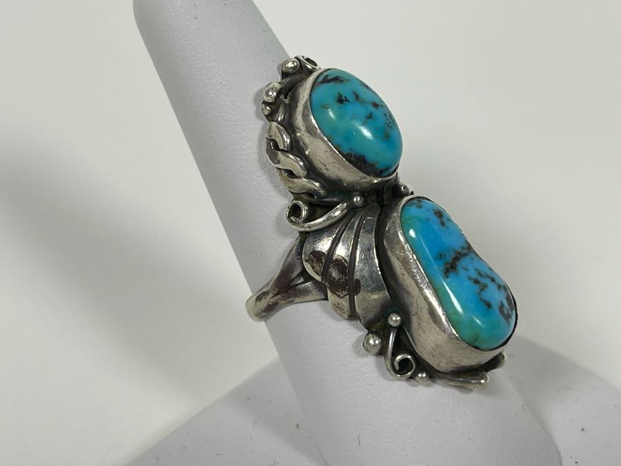 Vintage Native American Sterling Silver Turquoise Ring Signed JB Jerome Begay? Size 8.25  [Photo 5]