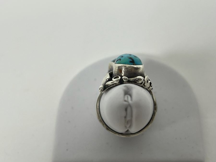 Vintage Native American Sterling Silver Turquoise Ring Signed JB Jerome Begay? Size 8.25  [Photo 8]