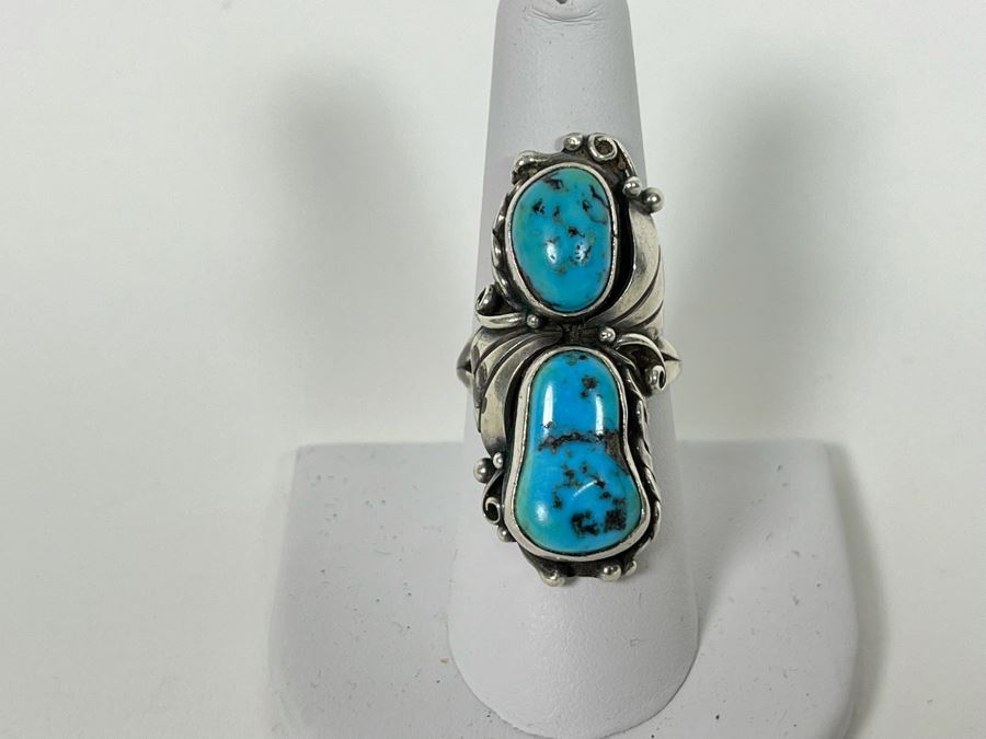 Vintage Native American Sterling Silver Turquoise Ring Signed JB Jerome Begay? Size 8.25  [Photo 4]