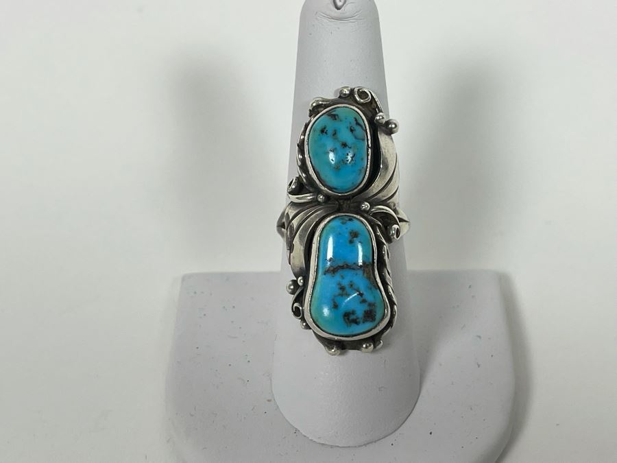 Vintage Native American Sterling Silver Turquoise Ring Signed JB Jerome Begay? Size 8.25  [Photo 3]