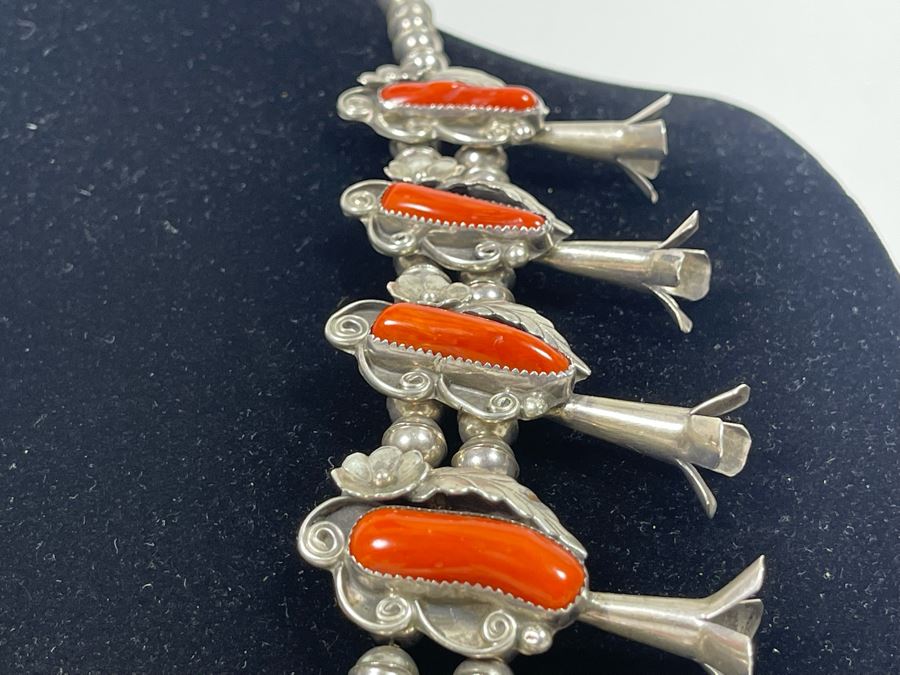 Vintage Native American Squash Blossom Sterling Silver Red Coral 26' Statement Necklace  218.5g [Photo 10]