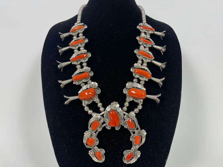 Vintage Native American Squash Blossom Sterling Silver Red Coral 26' Statement Necklace  218.5g [Photo 4]