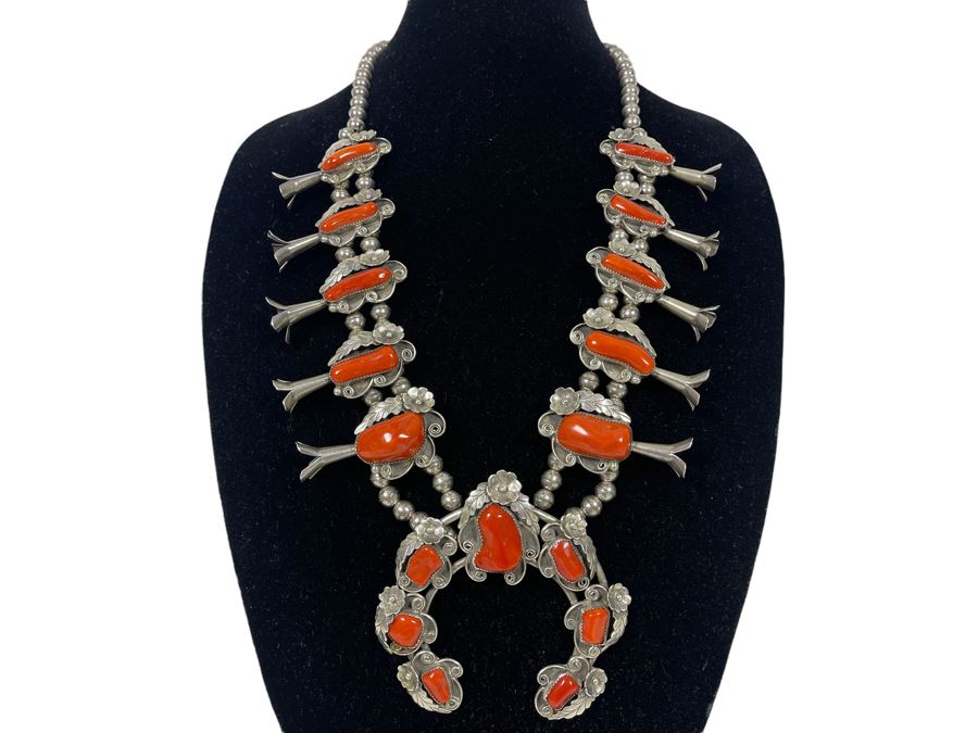 Vintage Native American Squash Blossom Sterling Silver Red Coral 26' Statement Necklace  218.5g