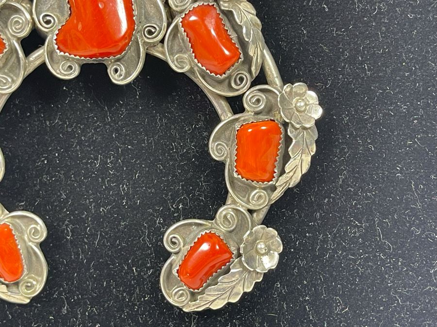 Vintage Native American Squash Blossom Sterling Silver Red Coral 26' Statement Necklace  218.5g [Photo 7]