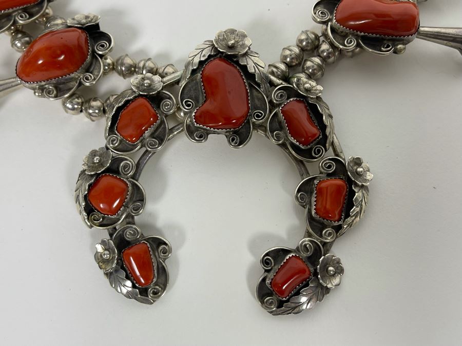 Vintage Native American Squash Blossom Sterling Silver Red Coral 26' Statement Necklace  218.5g [Photo 12]