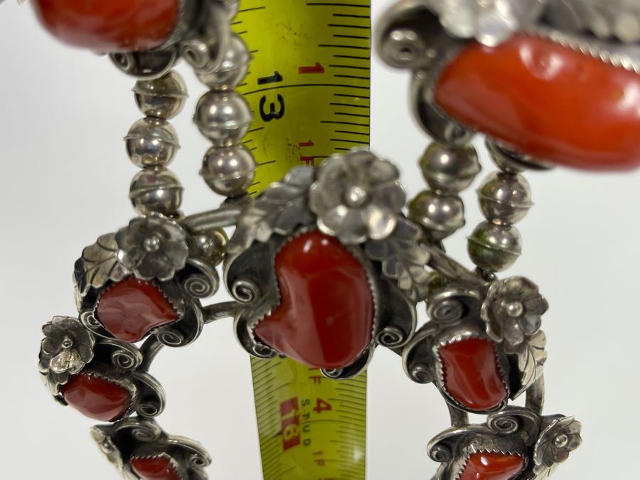 Vintage Native American Squash Blossom Sterling Silver Red Coral 26' Statement Necklace  218.5g [Photo 15]