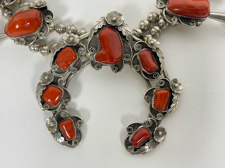 Vintage Native American Squash Blossom Sterling Silver Red Coral 26' Statement Necklace  218.5g [Photo 14]