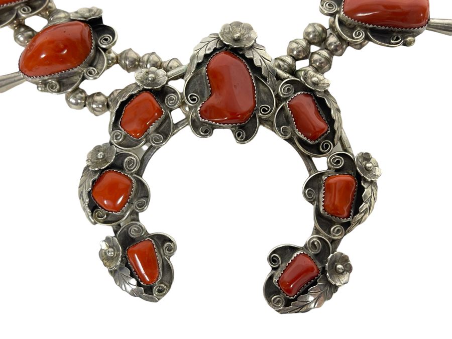 Vintage Native American Squash Blossom Sterling Silver Red Coral 26' Statement Necklace  218.5g [Photo 2]