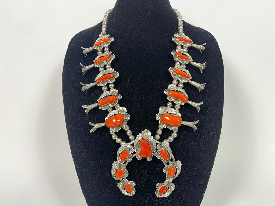 Vintage Native American Squash Blossom Sterling Silver Red Coral 26' Statement Necklace  218.5g [Photo 5]