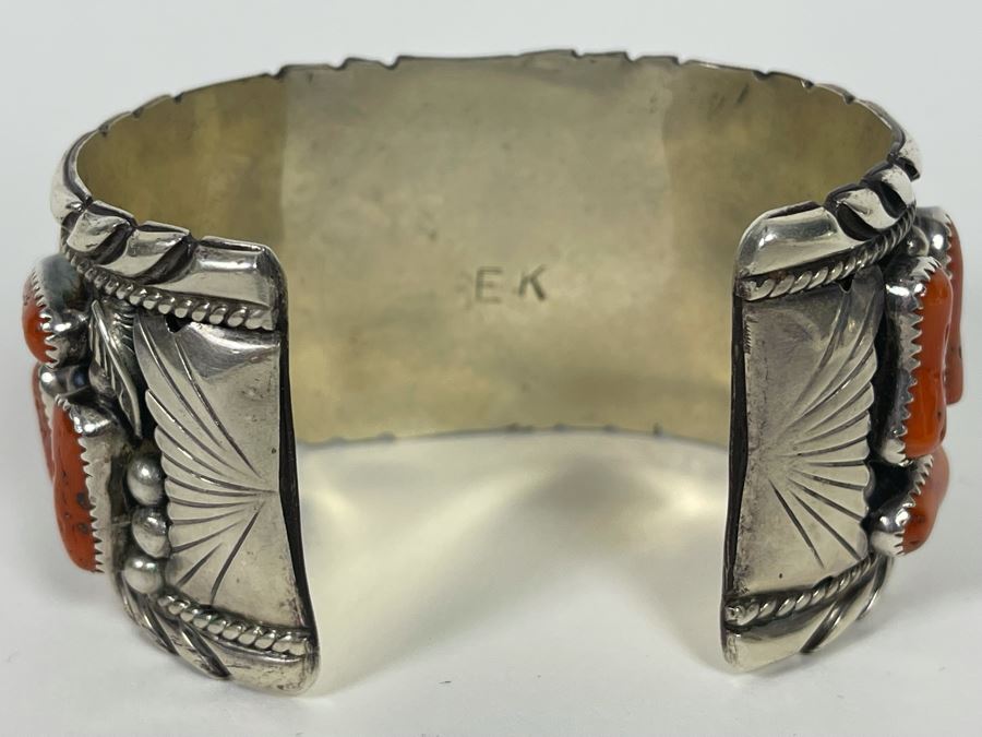 Vintage Native American Sterling Silver Red Coral Statement Cuff Bracelet Signed EK Elmer Kee? Navajo 114g [Photo 8]