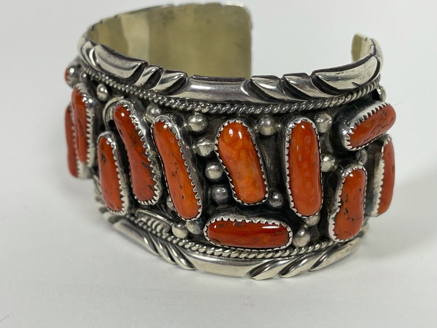 Vintage Native American Sterling Silver Red Coral Statement Cuff Bracelet Signed EK Elmer Kee? Navajo 114g [Photo 6]
