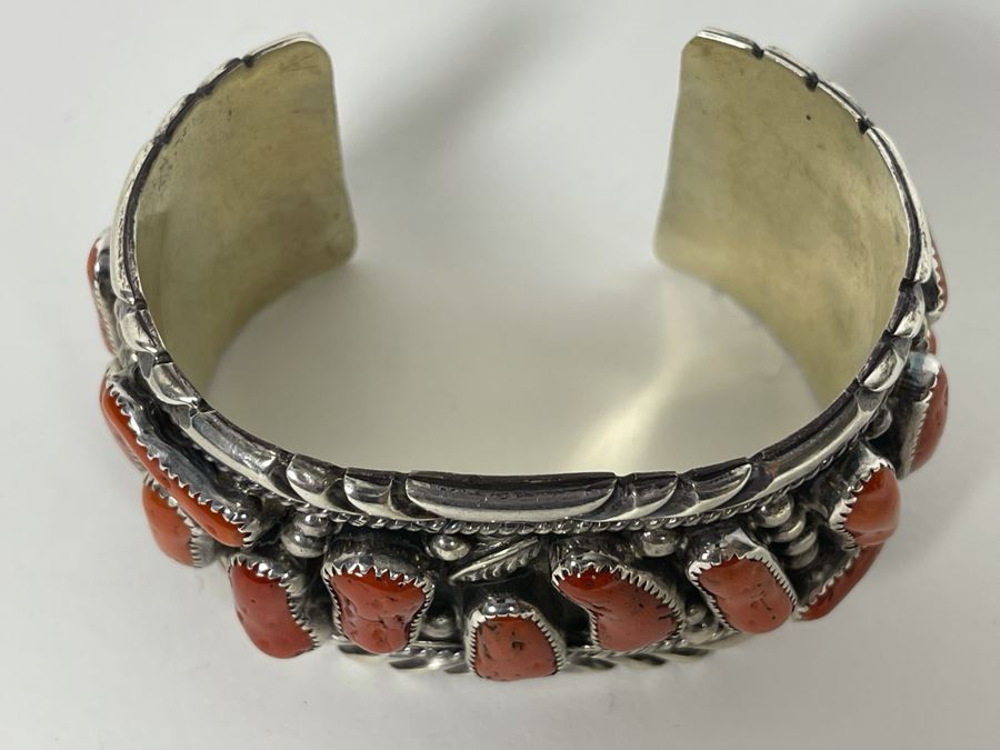 Vintage Native American Sterling Silver Red Coral Statement Cuff Bracelet Signed EK Elmer Kee? Navajo 114g [Photo 5]