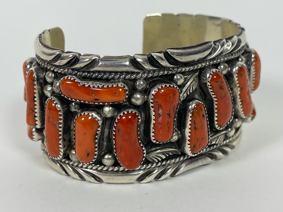 Vintage Native American Sterling Silver Red Coral Statement Cuff Bracelet Signed EK Elmer Kee? Navajo 114g [Photo 11]