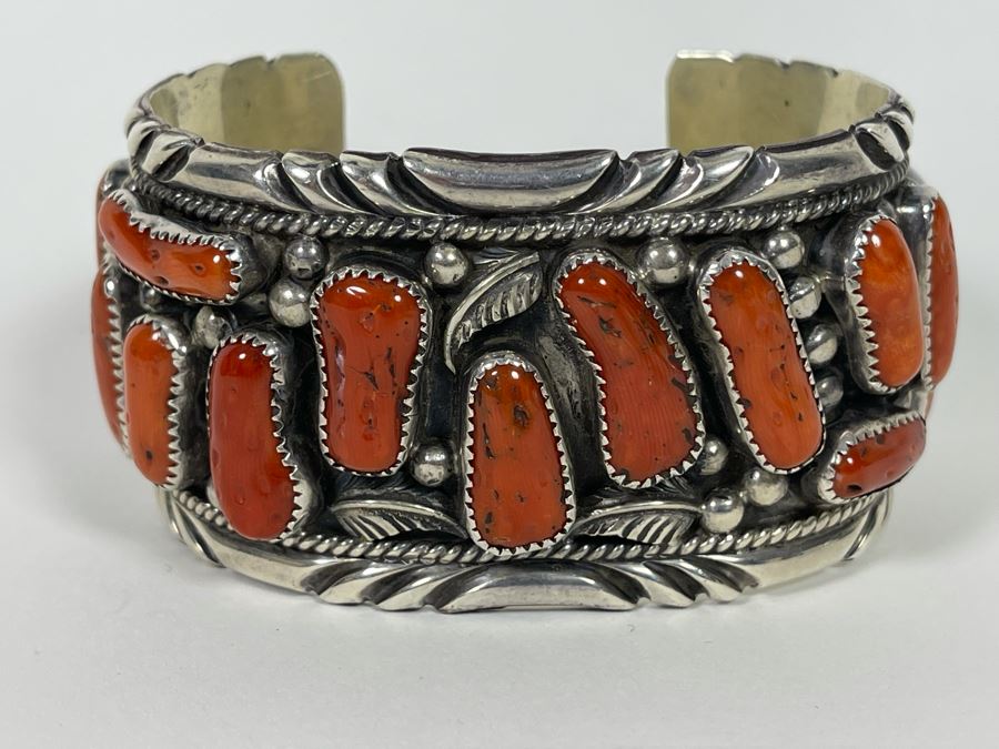 Vintage Native American Sterling Silver Red Coral Statement Cuff Bracelet Signed EK Elmer Kee? Navajo 114g [Photo 3]