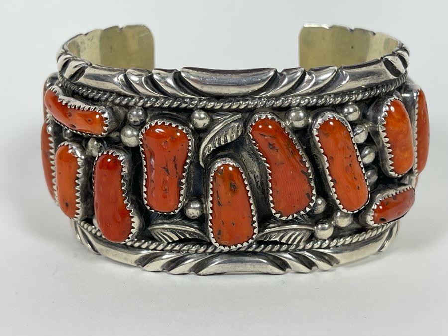 Statement Vintage Native American Navajo Coral Sterling Silver Bracelet Cuff Statement Vintage Native American Navajo Coral Sterling Silver Bracelet Cuff