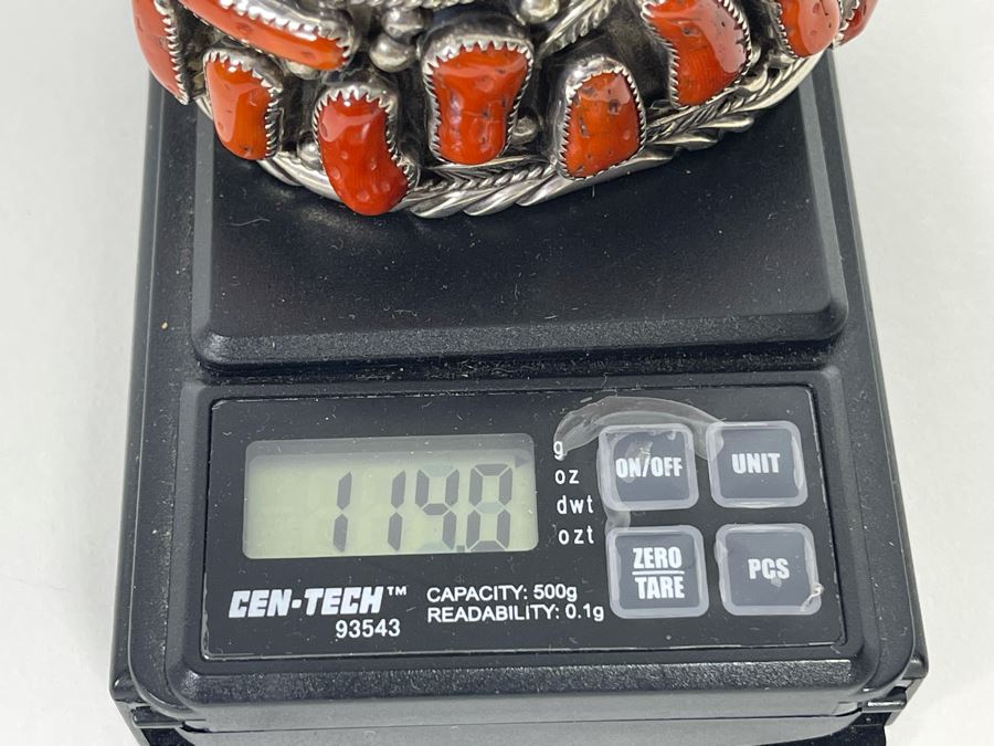 Statement Vintage Native American Navajo Coral Sterling Silver Bracelet Cuff Statement Vintage Native American Navajo Coral Sterling Silver Bracelet Cuff