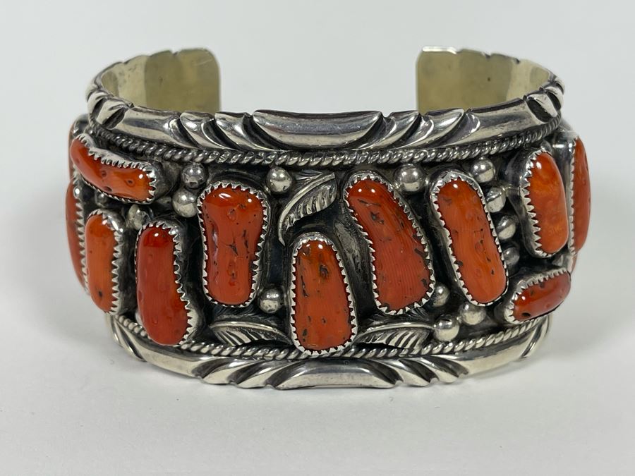 Vintage Native American Sterling Silver Red Coral Statement Cuff Bracelet Signed EK Elmer Kee? Navajo 114g [Photo 4]