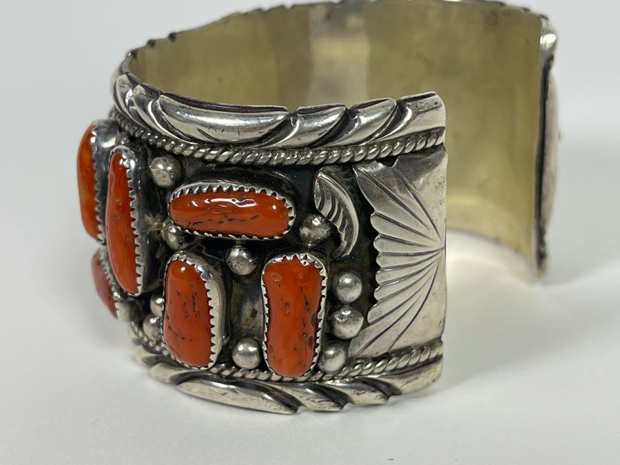 Vintage Native American Sterling Silver Red Coral Statement Cuff Bracelet Signed EK Elmer Kee? Navajo 114g [Photo 7]