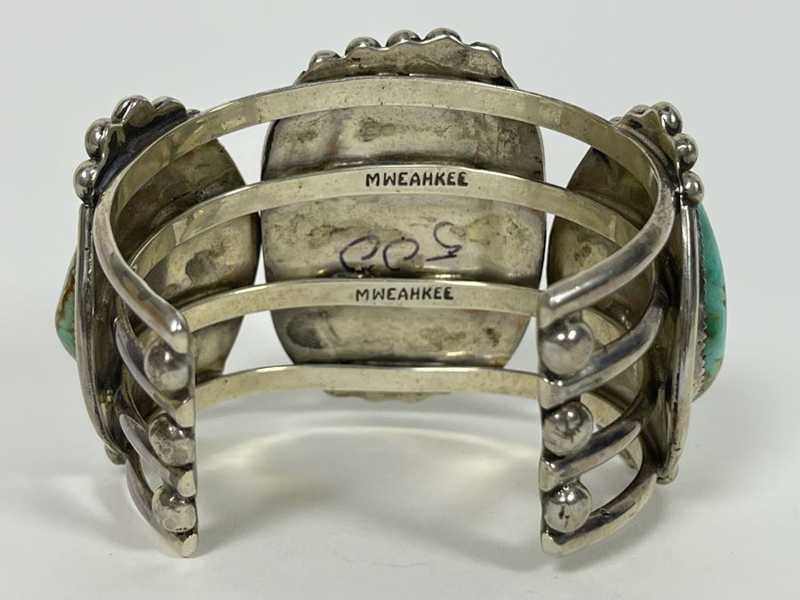 Stunning M Weahkee Sterling Silver Turquoise Cuff Bracelet Navajo 2.5W 132.3g [Photo 14]