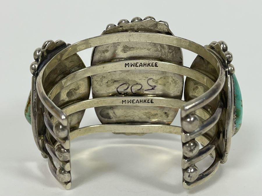 Stunning M Weahkee Sterling Silver Turquoise Cuff Bracelet Navajo 2.5W 132.3g [Photo 13]