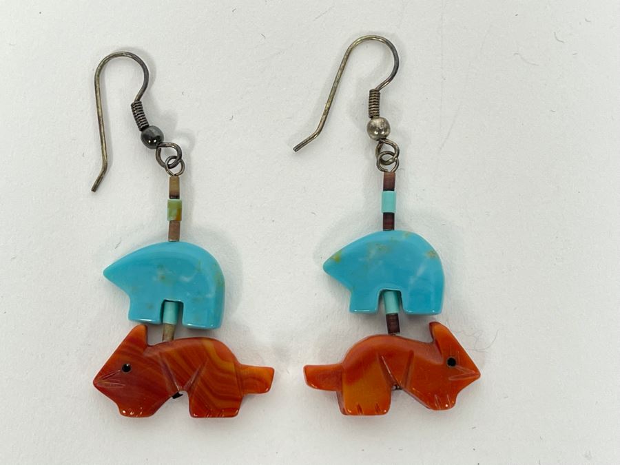 Native American Carved Turquoise And Red Coral Fetish Earrings [Photo 2]