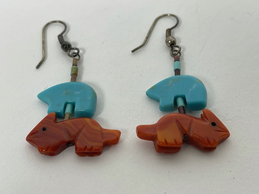 Native American Carved Turquoise And Red Coral Fetish Earrings [Photo 5]