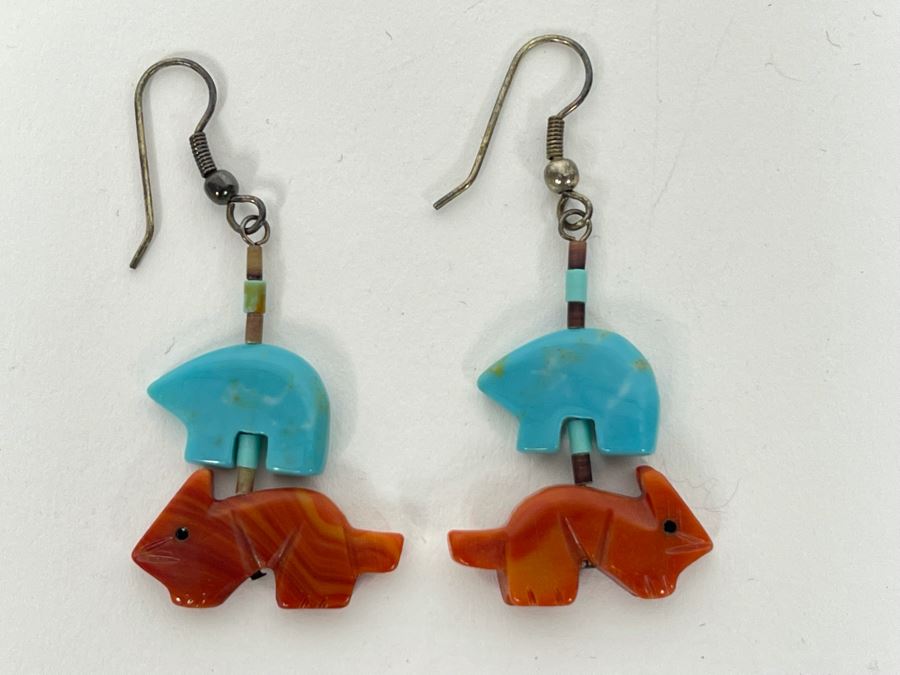 Native American Carved Turquoise And Red Coral Fetish Earrings [Photo 3]