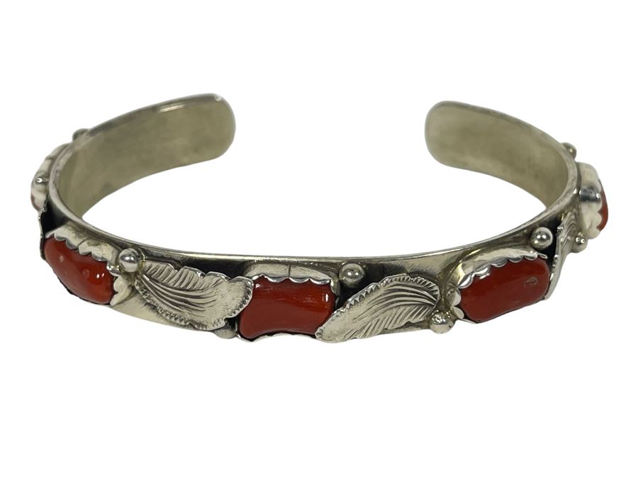 Vintage Native American Sterling Silver Red Coral Cuff Bracelet Signed LB Navajo 26.7g