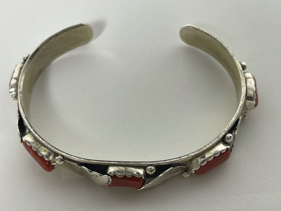 Vintage Native American Sterling Silver Red Coral Cuff Bracelet Signed LB Navajo 26.7g [Photo 4]