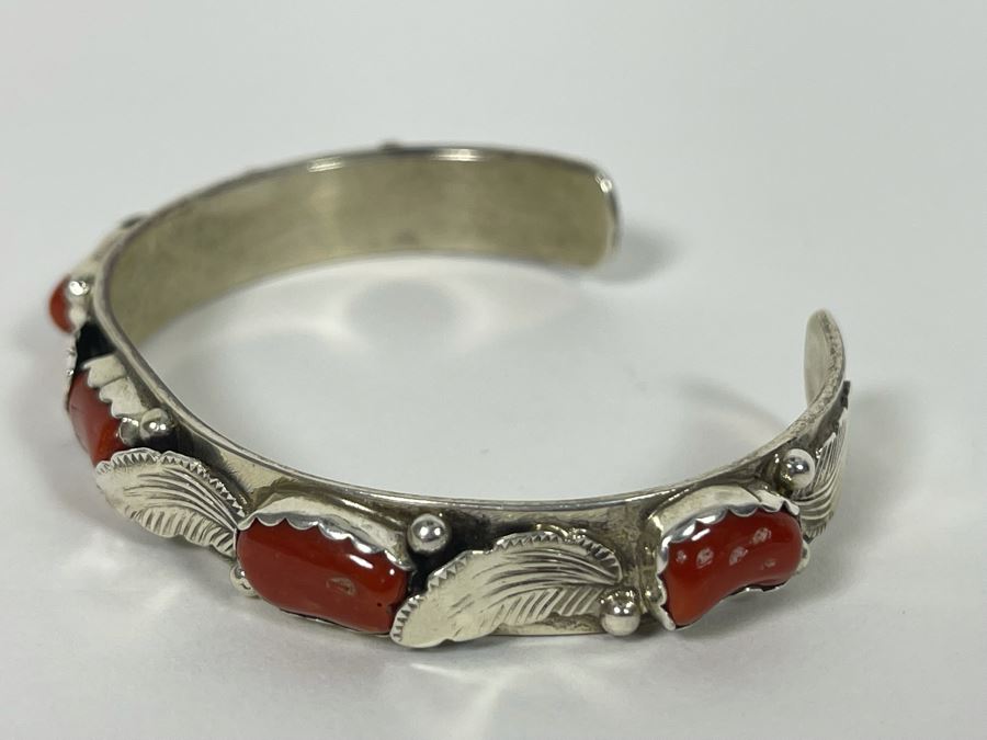 Vintage Native American Sterling Silver Red Coral Cuff Bracelet Signed LB Navajo 26.7g [Photo 5]