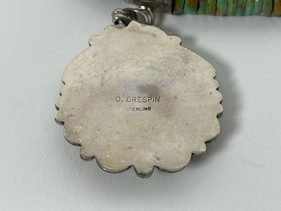 Orlando Crespin Sterling Silver Turquoise Pendant Turquoise Beaded 21' Necklace Signed O. Crespin 130g [Photo 16]