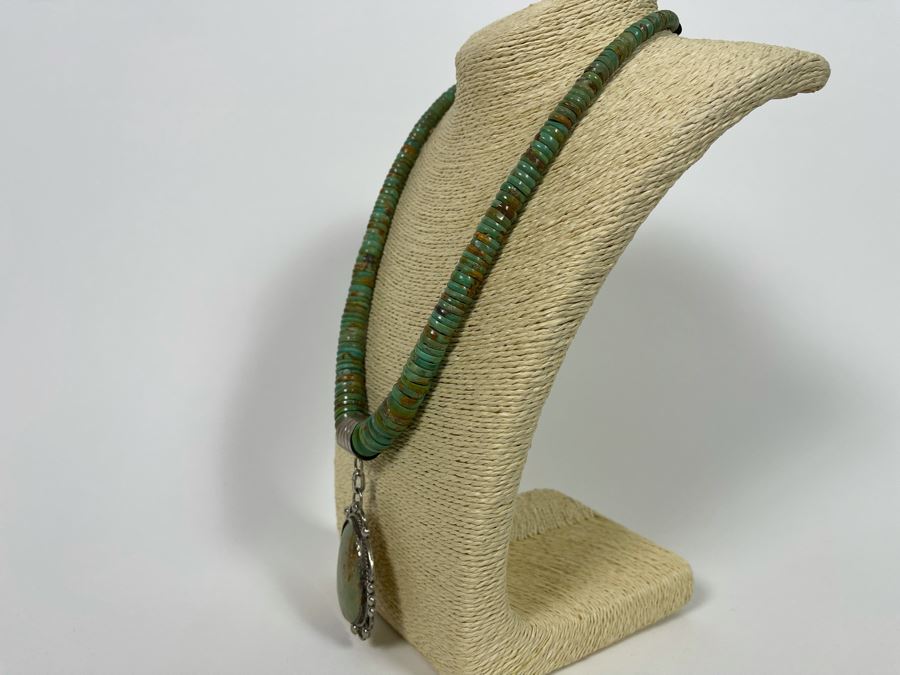 Orlando Crespin Sterling Silver Turquoise Pendant Turquoise Beaded 21' Necklace Signed O. Crespin 130g [Photo 8]
