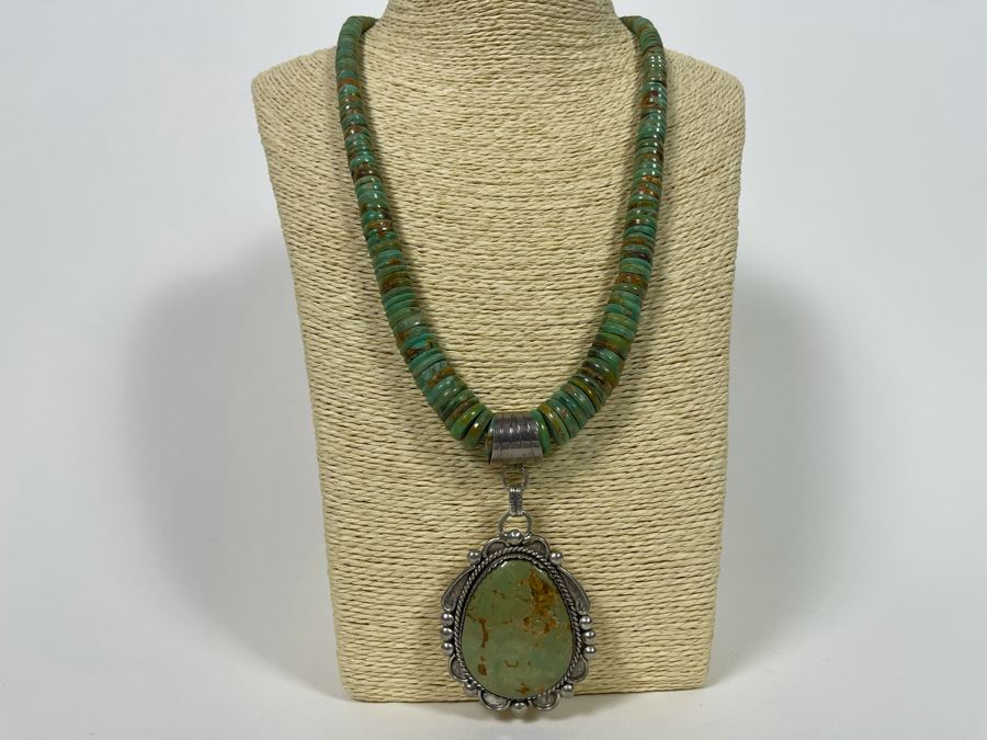 Orlando Crespin Sterling Silver Turquoise Pendant Turquoise Beaded 21' Necklace Signed O. Crespin 130g [Photo 4]