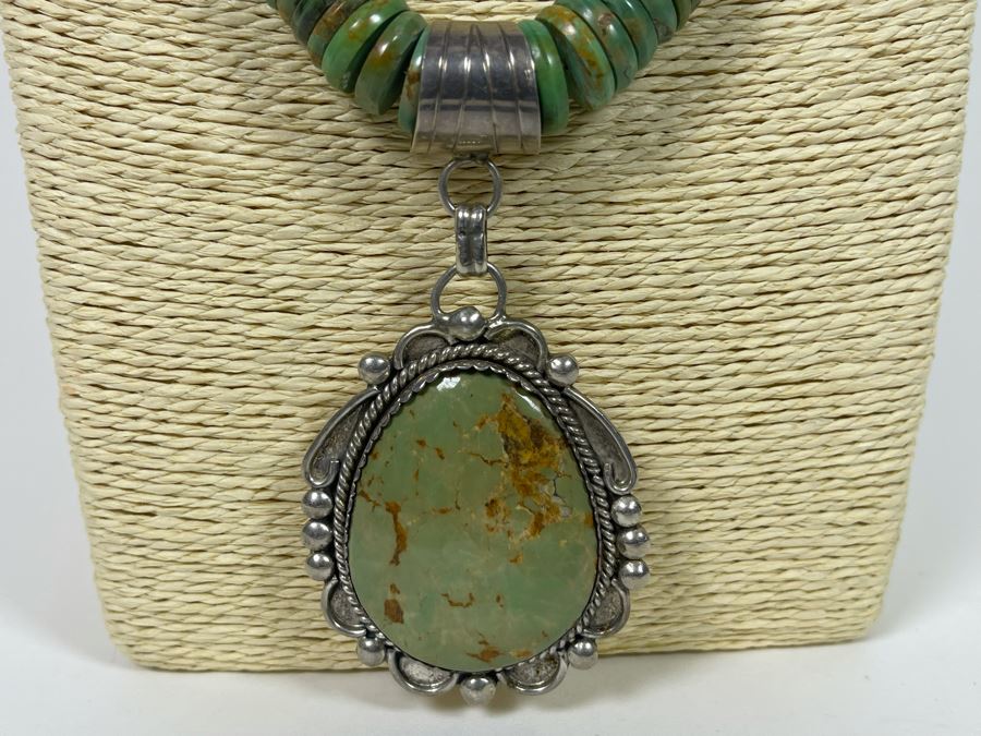 Orlando Crespin Sterling Silver Turquoise Pendant Turquoise Beaded 21' Necklace Signed O. Crespin 130g [Photo 5]