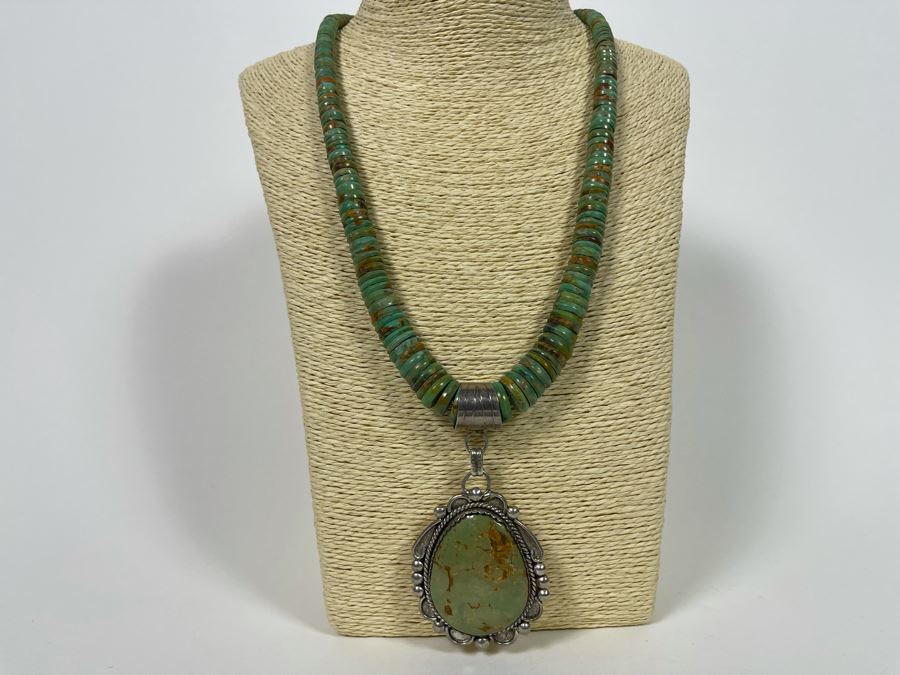 Orlando Crespin Sterling Silver Turquoise Pendant Turquoise Beaded 21' Necklace Signed O. Crespin 130g [Photo 3]