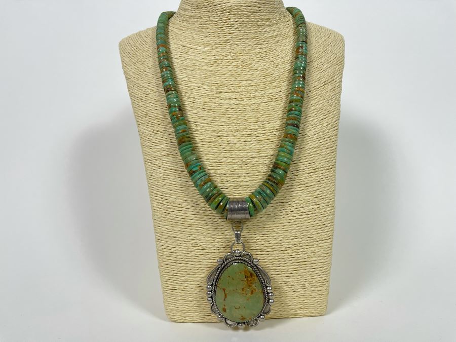 Orlando Crespin Sterling Silver Turquoise Pendant Turquoise Beaded 21' Necklace Signed O. Crespin 130g [Photo 2]