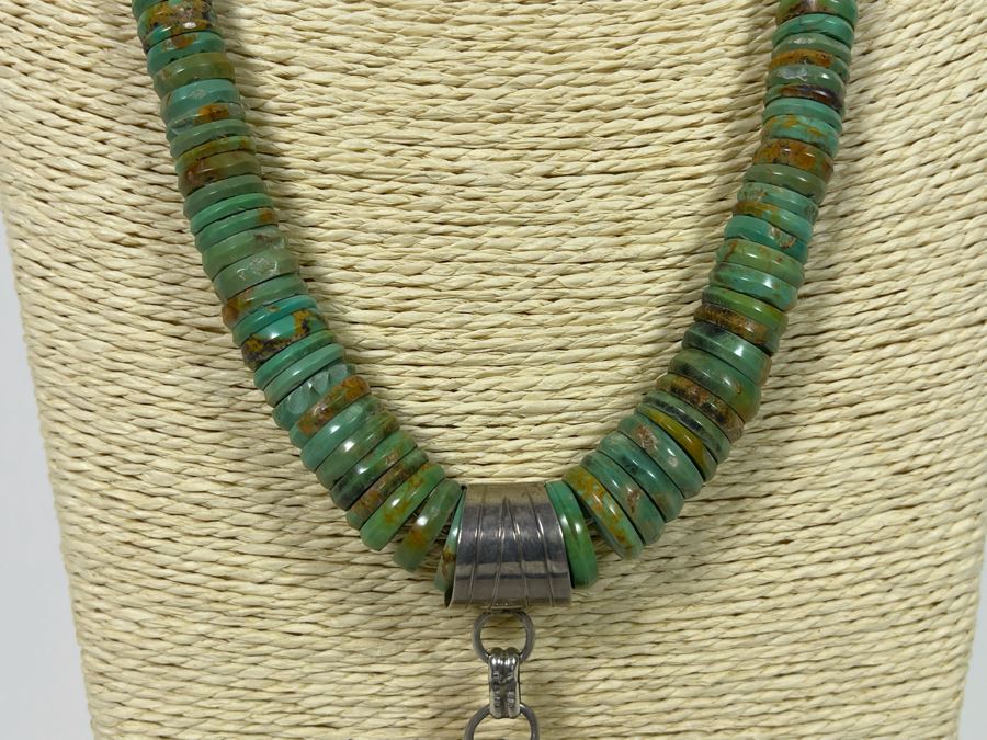 Orlando Crespin Sterling Silver Turquoise Pendant Turquoise Beaded 21' Necklace Signed O. Crespin 130g [Photo 7]